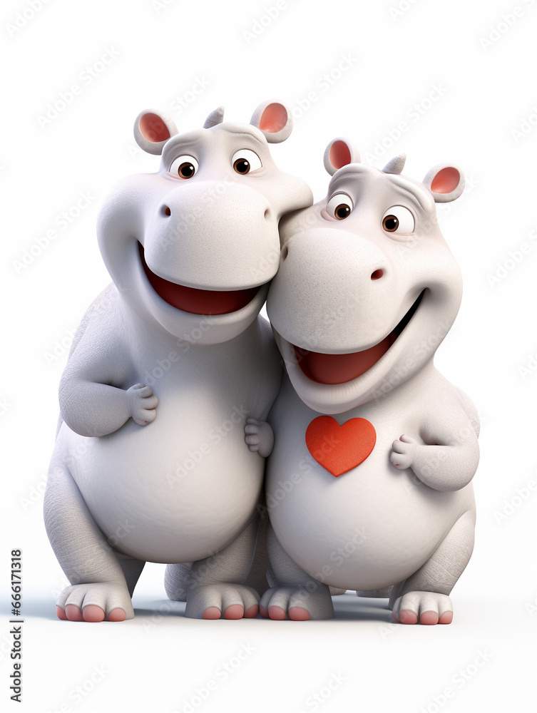 Two 3D Cartoon Hippos in Love on a Solid Background Two 3D Cartoon Hippos in Love on a Solid Background