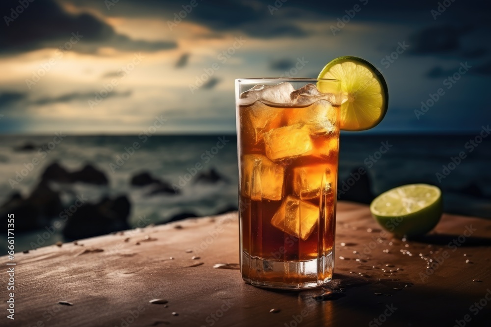 a glass of ice tea with a lime slice on a table. generative ai a glass of ice tea with a lime slice on a table. generative ai