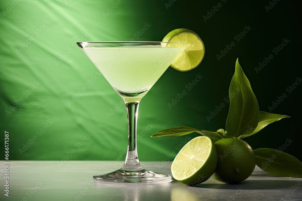  a lime and limeade drink with a lime slice on a table.  generative ai