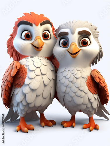 Two 3D Cartoon Hawks in Love on a Solid Background