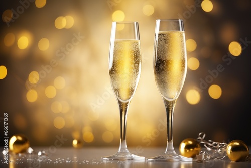  two glasses of champagne are next to a christmas ornament. generative ai