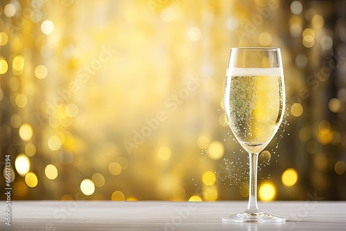  a glass of champagne on a table in front of a blurry background.  generative ai