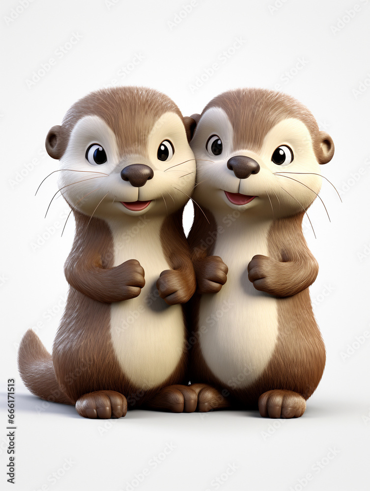 Two 3D Cartoon Otters in Love on a Solid Background Two 3D Cartoon Otters in Love on a Solid Background