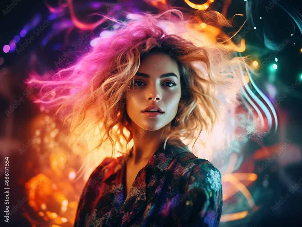 Obraz premium Enchanting Woman: A Captivating Performance Amidst a Colorful, Vivid System with Bright Lighting and Dynamic Elements