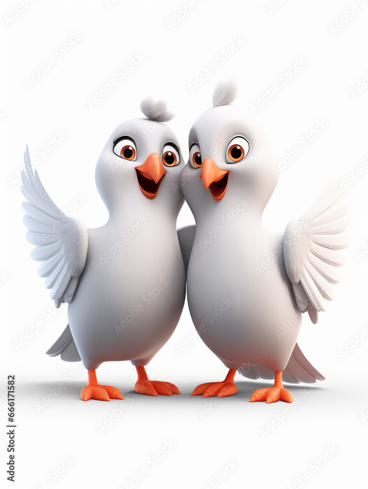 Two 3D Cartoon Pigeons in Love on a Solid Background Two 3D Cartoon Pigeons in Love on a Solid Background