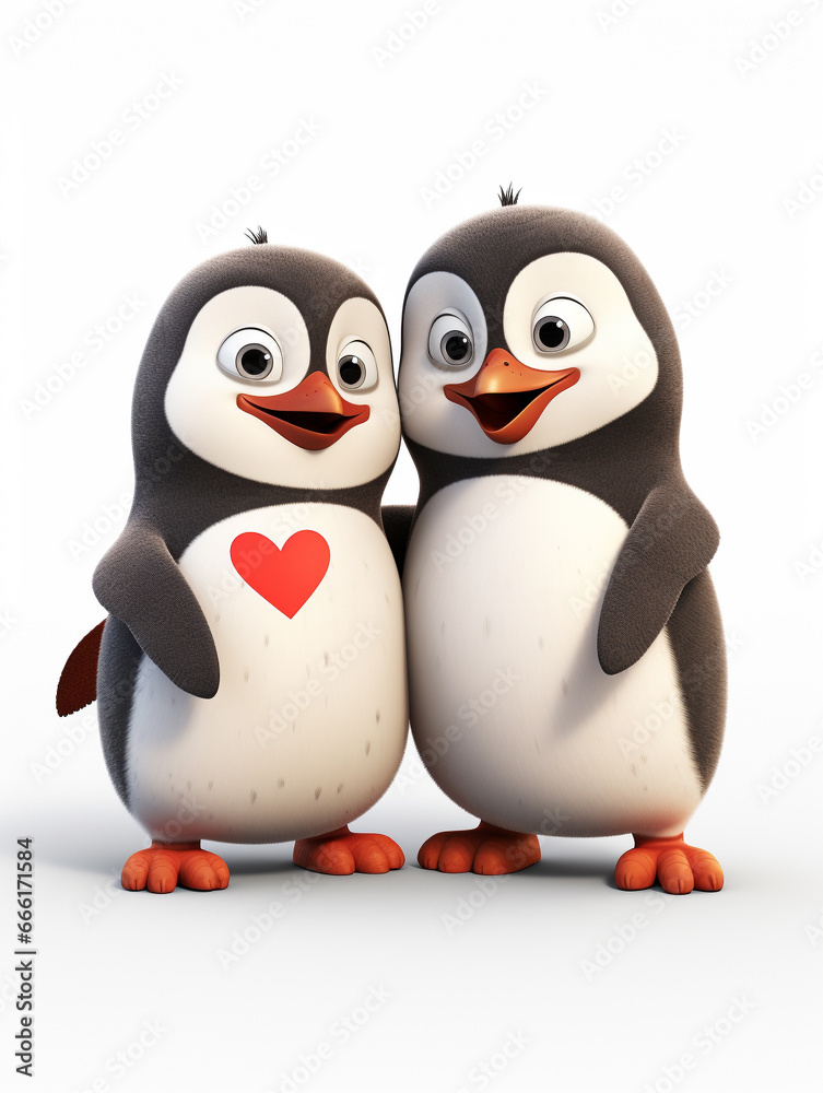 Fototapeta premium Two 3D Cartoon Penguins in Love on a Solid Background