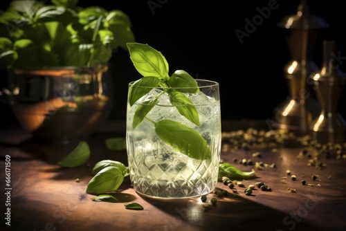  a glass filled with water and a plant in the background. generative ai