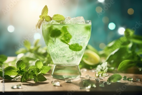 a glass filled with a green drink and a leaf on top of it. generative ai