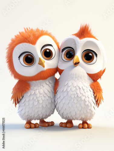Two 3D Cartoon Owls in Love on a Solid Background