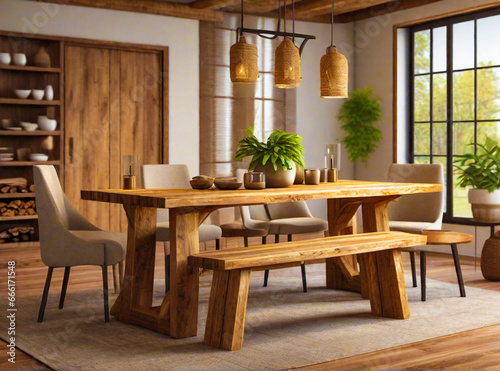 Create a realistic 3D rendering of a rustic wooden dining table placed in a cozy interior, featuring a blurred background to emphasize the table's natural wood grain and warm tones.