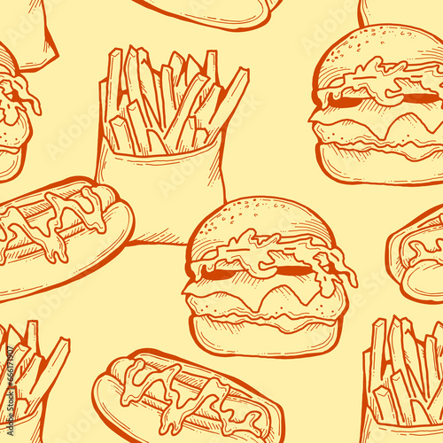 Fast food seamless vector pattern with hamburger, french fries, hot dog. Decorative design for wrapping paper, fabric print, digital background. Hand drawn doodle style cartoon illustration.