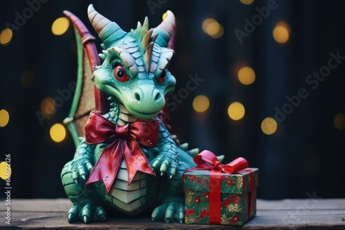 Portrait of green magical fantasy dragon on background of christmas tree with copy space