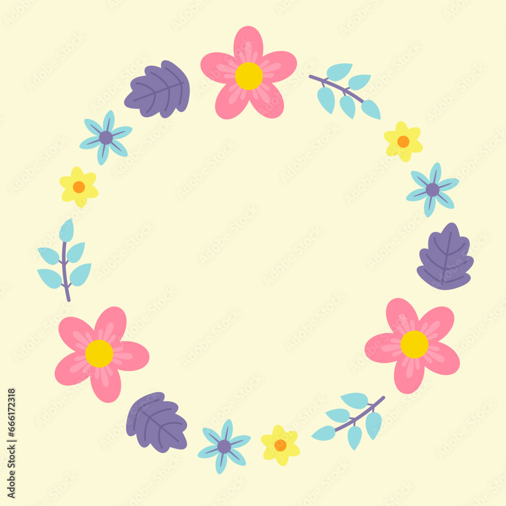 Vector Illustration of Floral Wreath. Spring Flower Circle Frame in Cartoon Illustration