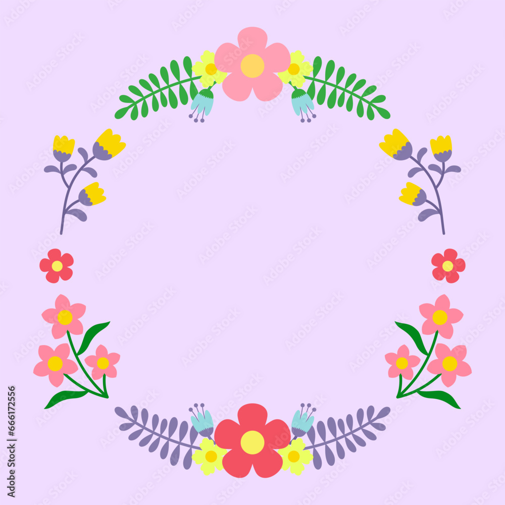 Floral Wreath in Flat Style. Vector Illustration of Spring Flower Frame for Wedding Invitation.