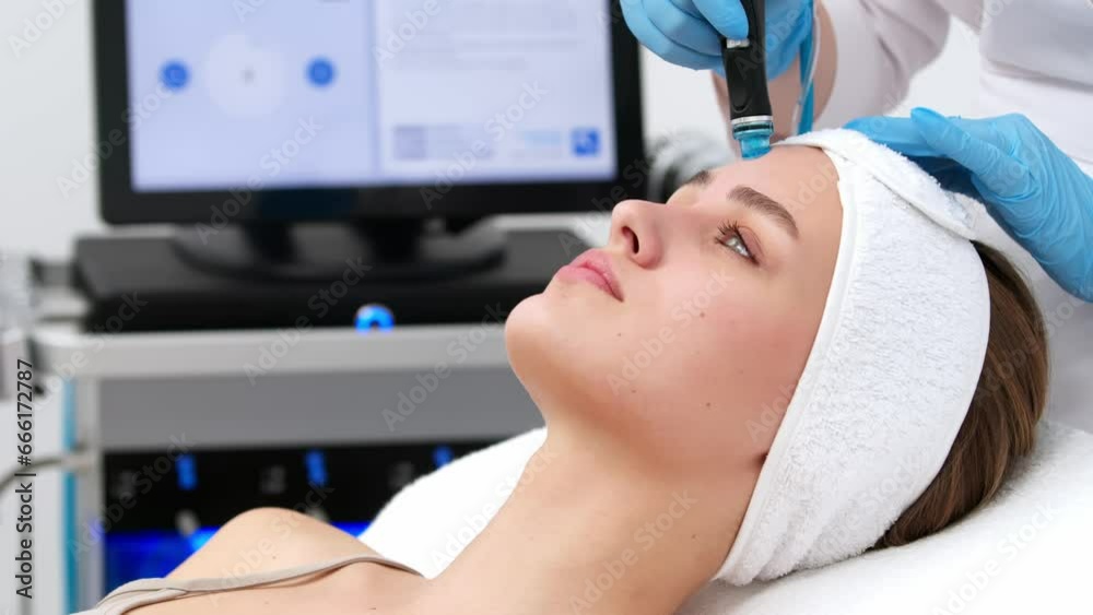 Beautician in gloves conducts vacuum cleaning and polishing face skin of young woman in cosmetology clinic. Professional moisturizing and rejuvenating hardware procedures for modern people.
