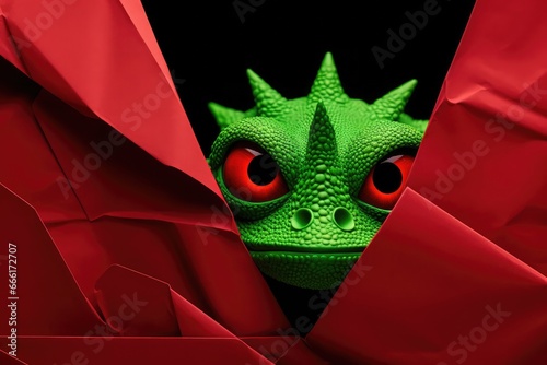 Head of little green Dragon looking through red ripped hole in paper