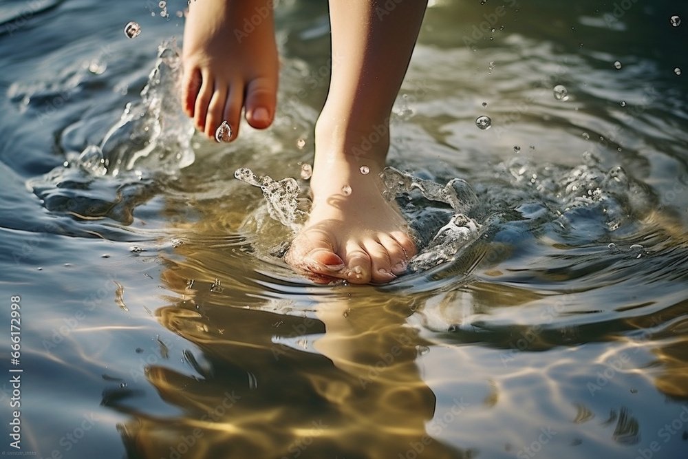 The bathwater ripples as the child's tiny feet make waves, creating a mesmerizing display of movement and discovery.  - obrazy, fototapety, plakaty 