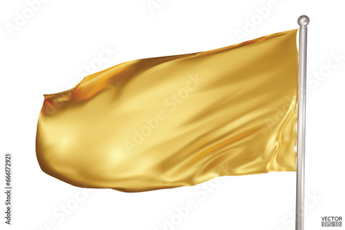 Blank Gold flag on white background. A Golden flag waving in the wind on the flagpole. Gold flag template. 3d vector illustration.