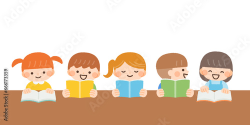 読書、勉強をする子供たちのイラスト素材