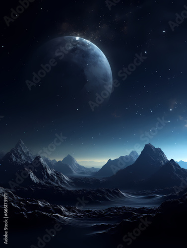 The sky under the moonlight reflects the rocky mountains graphic poster web page PPT background © Derby