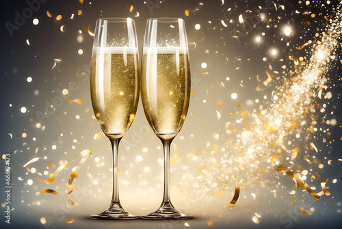 Two glasses of champagne, confetti, glitter. New Year party, Christmas celebration, festive time, toast, anniversary.