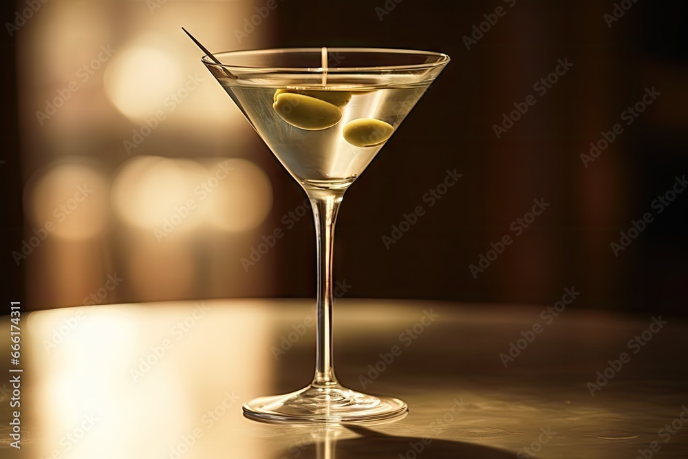 a martini glass with olives in it on a table. generative ai a martini glass with olives in it on a table. generative ai