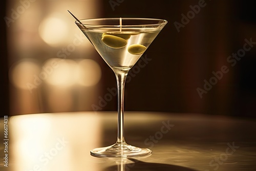  a martini glass with olives in it on a table. generative ai