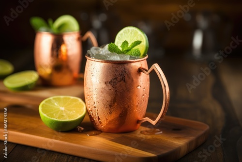  two copper mugs with limes and mint on a cutting board. generative ai
