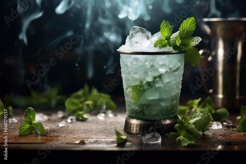  a glass filled with ice and mint on top of a table.  generative ai