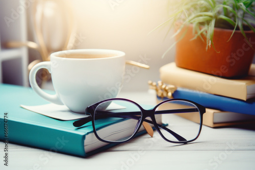 Cup of coffee with books and glasses on white wooden table.