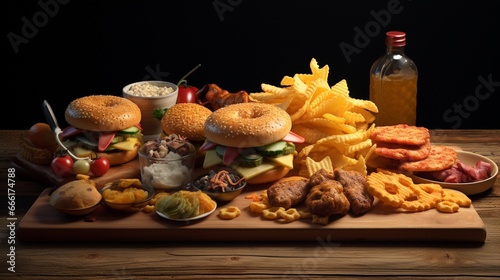 Fast food on wooden tabletop. snack on the board.