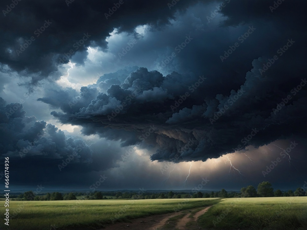 Dramatic sky with thick clouds before a storm in a field Dramatic sky with thick clouds before a storm in a field