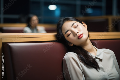 Young Asian woman sleeping peacefully on indoor bench.