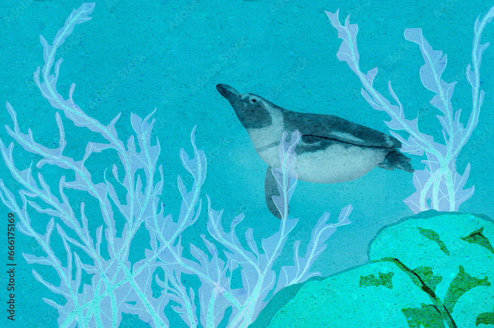 Ilustracja pingwin pływający pod wodą na tle rafy i roślin podwodnych. - obrazy, fototapety, plakaty 