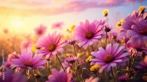 Sunset landscape  pink sunflowers 