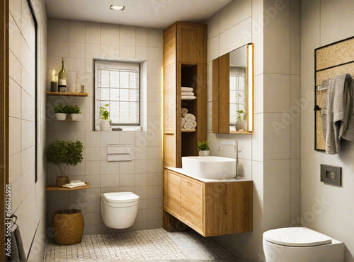 Create a practical and stylish small bathroom layout that optimizes storage and functionality  focusing on a minimalist design with creative space-saving solutions.