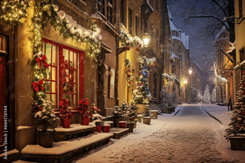 Beautiful evening Christmas alley in the old town in Europe