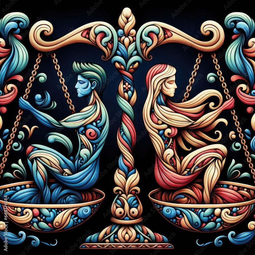Colorful artwork with male and female on scales, man and woman symbolizing social and sex equalty and justice symbols for human rights