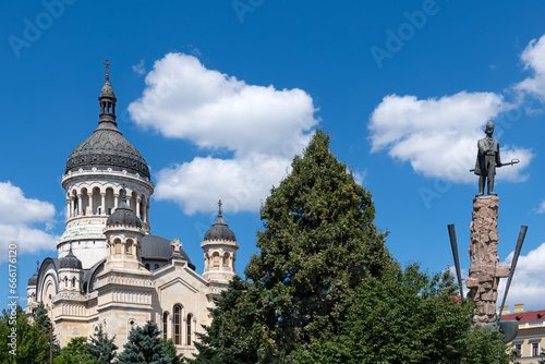 Dormition of the Mother of God Metropolitan Cathedral in Cluj-Napoca (Romania) and The Statue of Avram Iancu