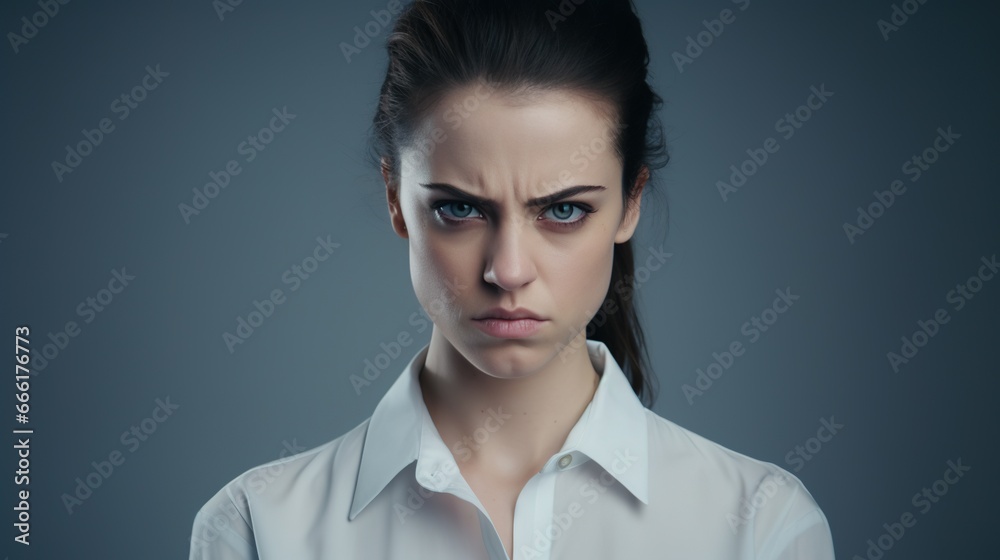 Angry Woman Looking at the Camera Isolated on the Minimalist Background
