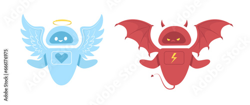Angel robot with halo and devil cyborg with horns. Artificial intelligence. Cute mascot, positive and negative future technology. Cartoon flat isolated illustration. Vector ai risks concept photo