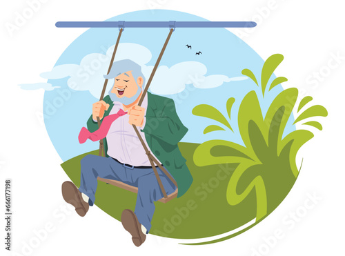 Older man on rope swing. Illustration for internet and mobile website.