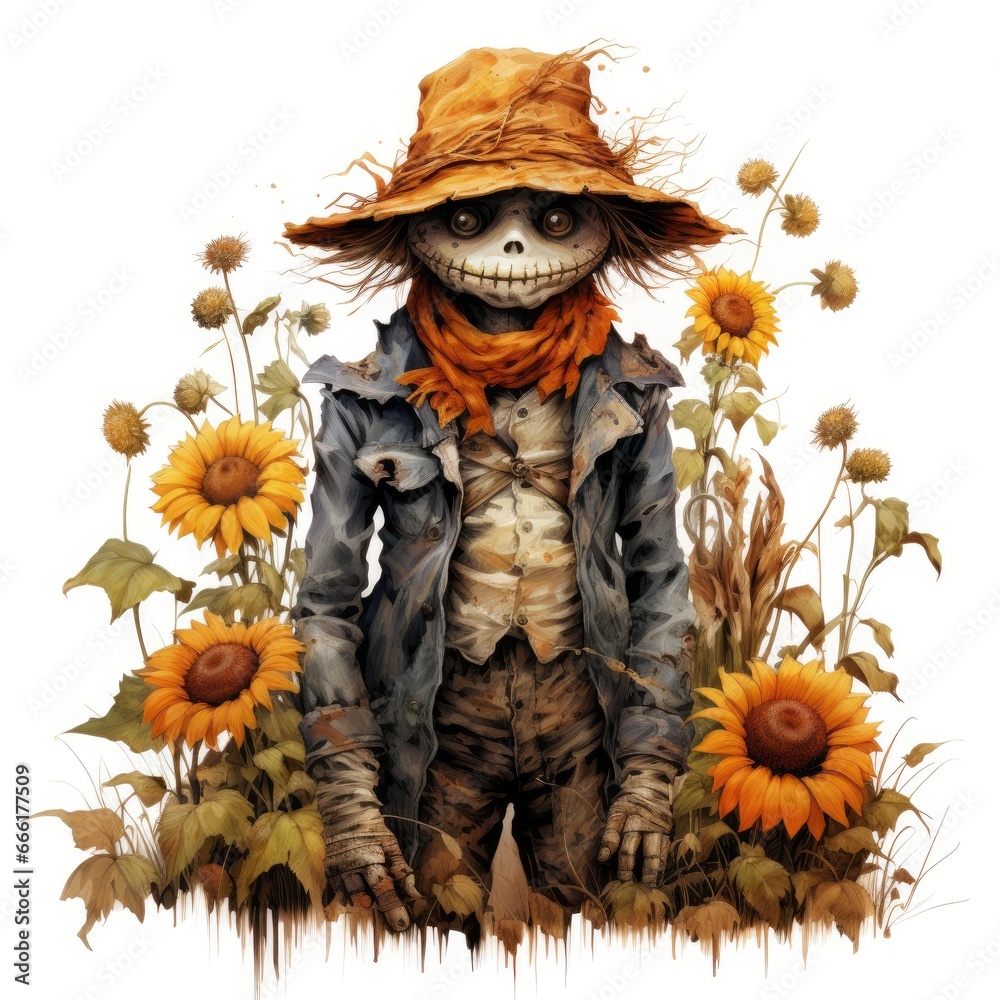 Halloween pumpkin scarecrow on a white background. Generative AI