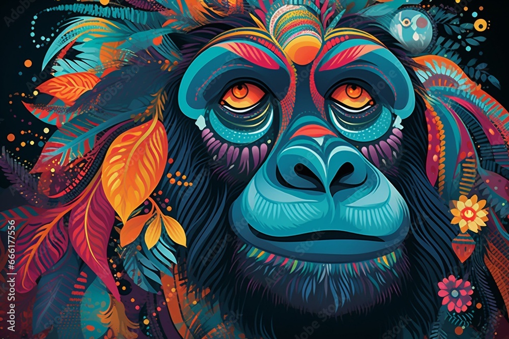 a vibrant and surreal illustration featuring a vibrant gorilla with psychedelic colors and abstract patterns. Generative AI