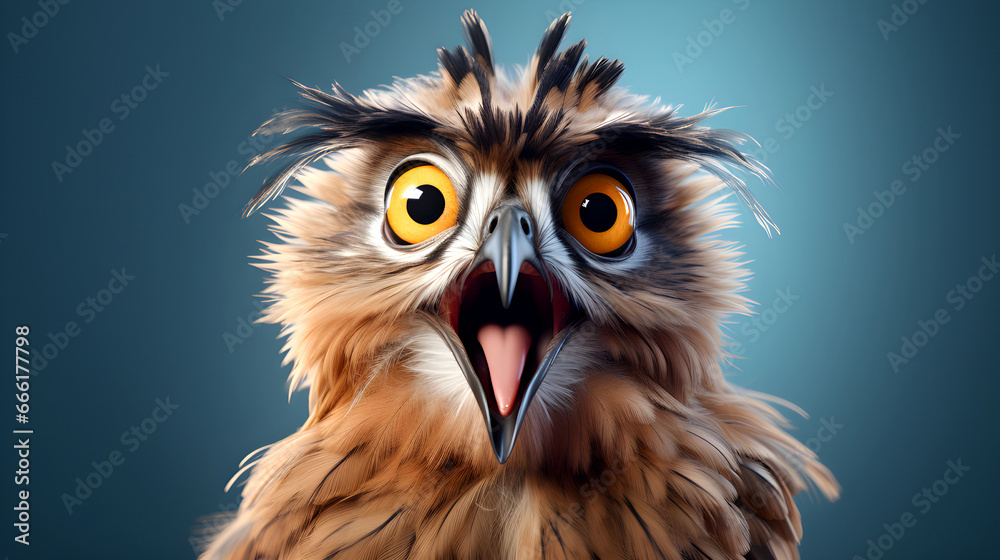 A surprised owl with large yellow eyes, fluffy feathers, and an open beak, set against a smooth blue background