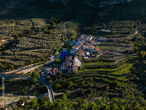 Aerial view of village of Famorca, comarca of Comtat, Alicante Province, Comunidad Valenciana, Spain - stock photo photo