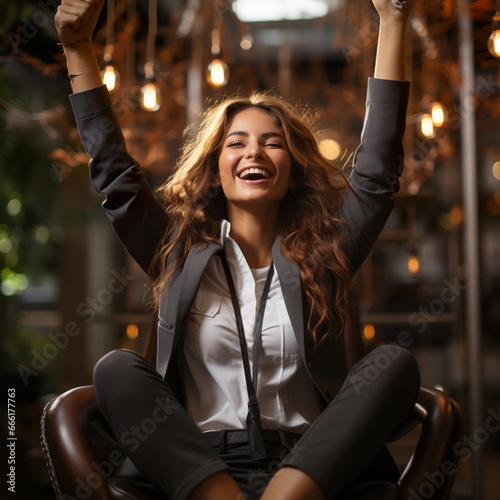 Jeune femme assise en costume heureuse et souriante levant les bras en l'air. Young woman sitting in suit happy and smiling raising her arms in the air.