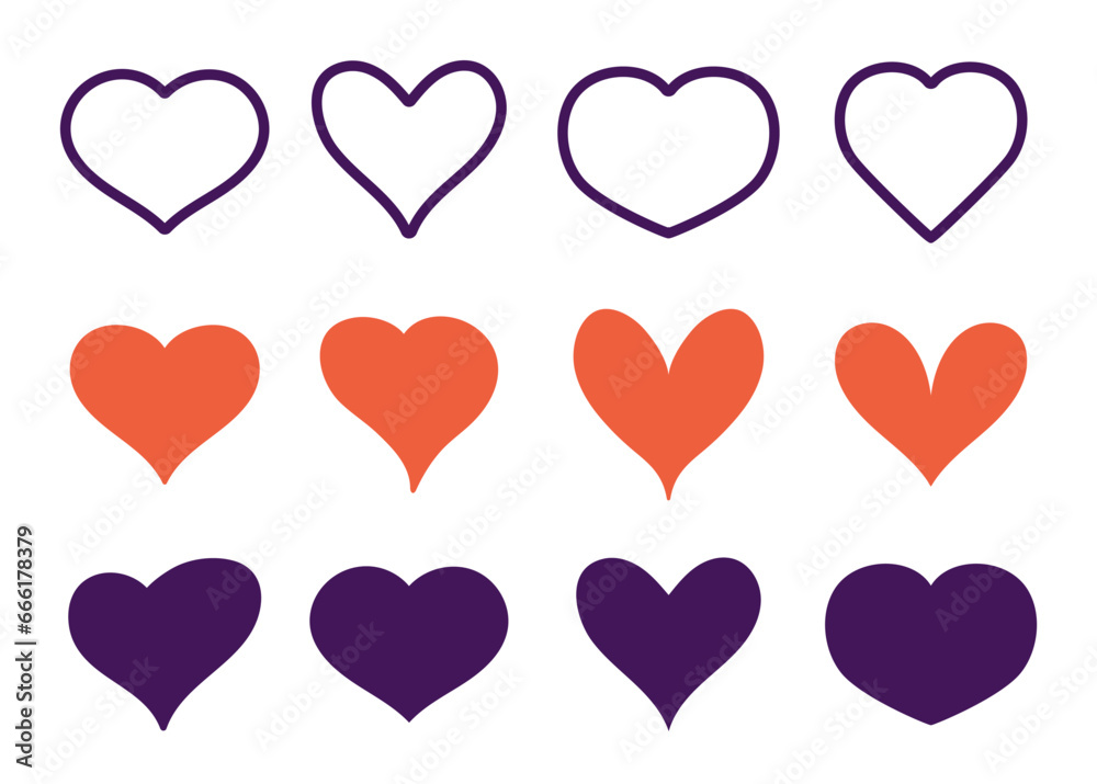 Heart shape icon love symbol doodle draw sketch outline isolated set. Vector flat graphic design illustration