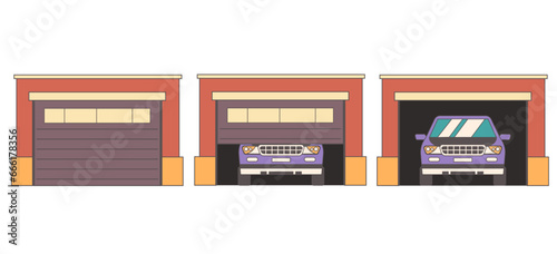 Garage home house door open steps parking front view isolated set. Vector flat graphic design illustration