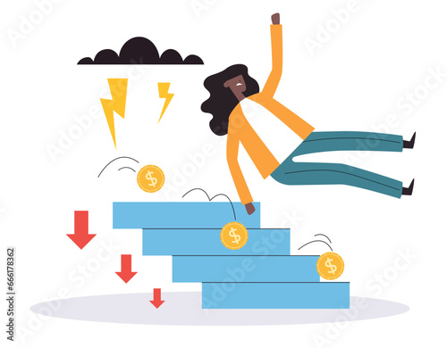 Business worker fall stairs career fail stairway concept. Vector flat graphic design illustration